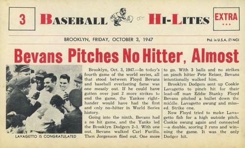 1960 Nu-Cards Baseball Hi-Lites #3 Bevans Pitches No-Hitter, Almost Front