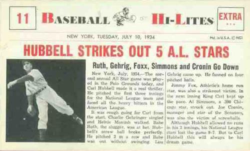 1960 Nu-Cards Baseball Hi-Lites #11 Hubbell Strikes Out 5 A.L. Stars Front