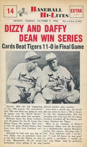 1960 Nu-Cards Baseball Hi-Lites #14 Dizzy And Daffy Dean Win Series Front