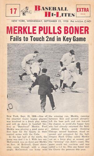 1960 Nu-Cards Baseball Hi-Lites #17 Merkle Pulls Boner Front