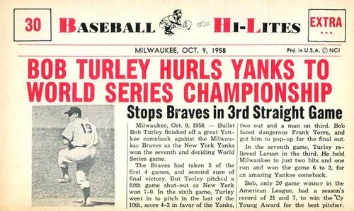 1960 Nu-Cards Baseball Hi-Lites #30 Bob Turley Hurls Yanks To World Series Championship Front