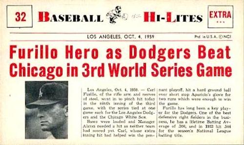 1960 Nu-Cards Baseball Hi-Lites #32 Furillo Hero as Dodgers Beat Chicago in 3rd World Series Game Front