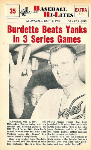1960 Nu-Cards Baseball Hi-Lites #35 Burdette Beats Yanks in 3 Series Games Front