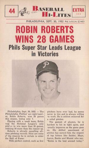 1960 Nu-Cards Baseball Hi-Lites #44 Robin Roberts Wins 28 Games Front