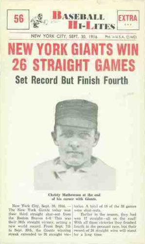 1960 Nu-Cards Baseball Hi-Lites #56 New York Giants Win 26 Straight Games Front