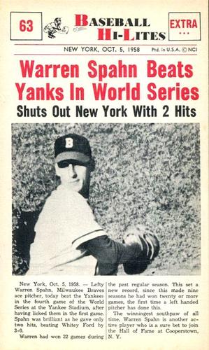 1960 Nu-Cards Baseball Hi-Lites #63 Warren Spahn Beats Yanks in World Series Front