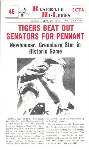 1960 Nu-Cards Baseball Hi-Lites #46 Tigers Beat Out Senators For Pennant Front