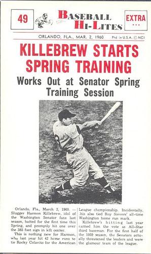 1960 Nu-Cards Baseball Hi-Lites #49 Killebrew Starts Spring Training Front