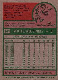 1975 Topps Mini #141 Mickey Stanley Back