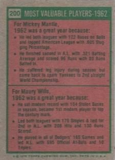 1975 Topps Mini #200 1962 MVPs (Mickey Mantle / Maury Wills) Back