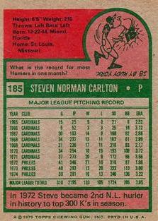 1975 Topps Mini #185 Steve Carlton Back