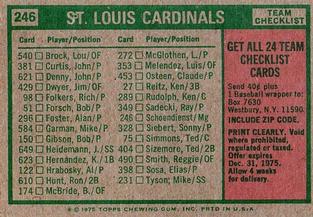 1975 Topps Mini #246 St. Louis Cardinals / Red Schoendienst Back