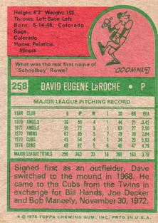 1975 Topps Mini #258 Dave LaRoche Back