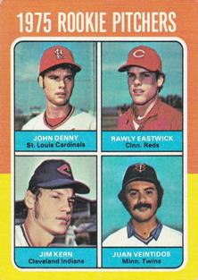 1975 Topps Mini #621 1975 Rookie Pitchers (John Denny / Rawly Eastwick / Jim Kern / Juan Veintidos) Front