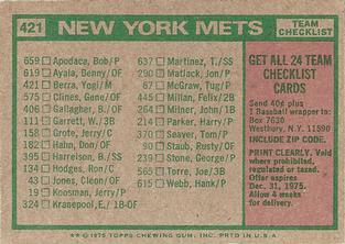 1975 Topps Mini #421 New York Mets / Yogi Berra Back