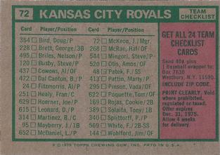 1975 Topps Mini #72 Kansas City Royals / Jack McKeon Back