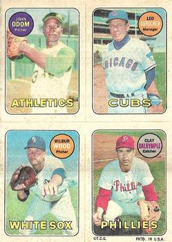 1969 Topps Four-in-One Stickers #NNO John Odom / Leo Durocher / Wilbur Wood / Clay Dalrymple Front