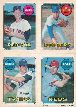 1969 Topps Four-in-One Stickers #NNO Lee Stange / Don Sutton / Ted Uhlaender / Pete Rose Front
