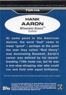 2011 Topps Lineage - 1975 Mini Relics #75R-HA Hank Aaron Back
