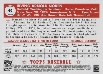 2011 Topps Lineage - Autographs #RA-IN Irv Noren Back