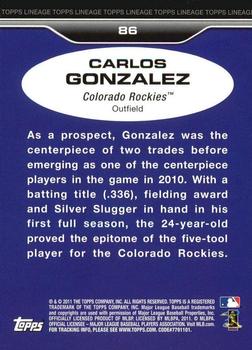 2011 Topps Lineage - Diamond Anniversary Refractors #86 Carlos Gonzalez Back