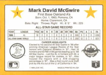 1989 Donruss All-Stars #1 Mark McGwire Back