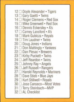 1989 Donruss All-Stars #32 AL Checklist: 1-32 Back