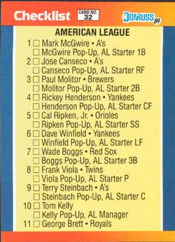1989 Donruss All-Stars #32 AL Checklist: 1-32 Front