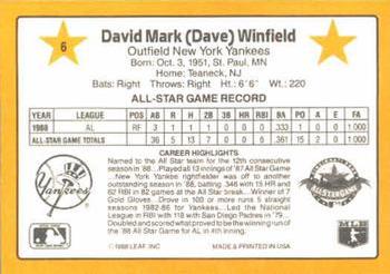 1989 Donruss All-Stars #6 Dave Winfield Back