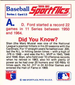 1986 Sportflics - Trivia Cards #13 Baseball Trivia Quiz Back