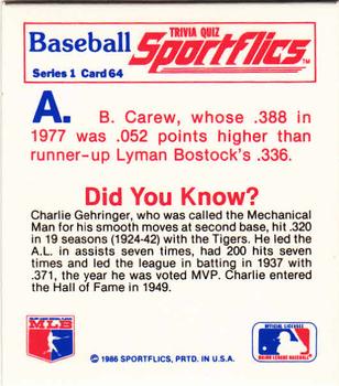 1986 Sportflics - Trivia Cards #64 Baseball Trivia Quiz Back