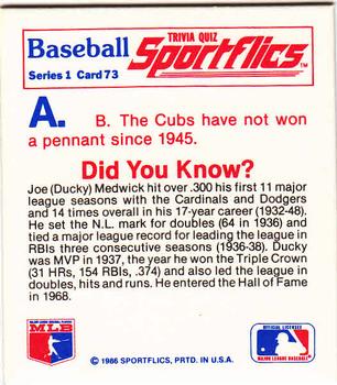 1986 Sportflics - Trivia Cards #73 Baseball Trivia Quiz Back
