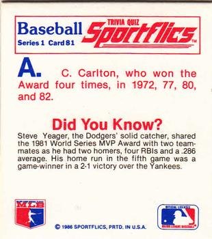 1986 Sportflics - Trivia Cards #81 Baseball Trivia Quiz Back