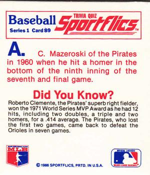 1986 Sportflics - Trivia Cards #89 Baseball Trivia Quiz Back