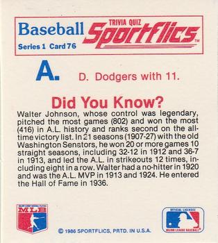 1986 Sportflics - Trivia Cards #76 Baseball Trivia Quiz Back