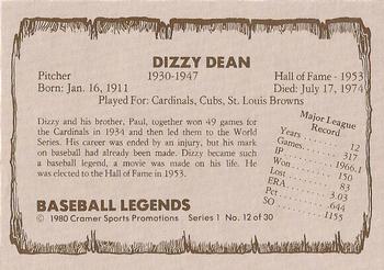 1980 Cramer Baseball Legends Series 1 #12 Dizzy Dean Back
