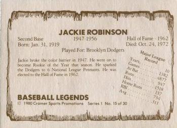 1980 Cramer Baseball Legends Series 1 #15a Jackie Robinson Back