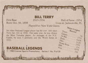 1980 Cramer Baseball Legends Series 1 #9 Bill Terry Back
