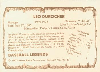 1981 Cramer Baseball Legends Series 2 #40 Leo Durocher Back