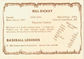 1981 Cramer Baseball Legends Series 2 #44 Bill Dickey Back