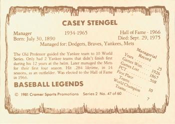 1981 Cramer Baseball Legends Series 2 #47 Casey Stengel Back