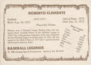 1981 Cramer Baseball Legends Series 2 #50 Roberto Clemente Back