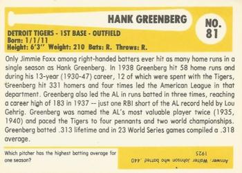1980-87 SSPC HOF #81 Hank Greenberg Back