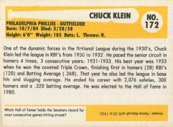 1980-87 SSPC HOF #172 Chuck Klein Back