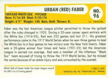 1980-87 SSPC HOF #96 Red Faber Back