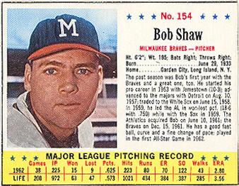 1963 Jell-O #154 Bob Shaw Front
