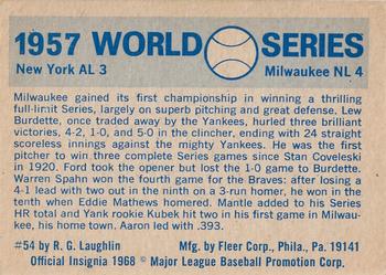 1970 Fleer World Series #54 1957 - Yankees vs. Braves - Lew Burdette Back