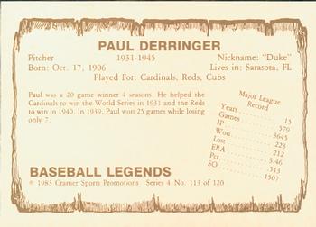 1983 Cramer Baseball Legends Series 4 #113 Paul Derringer Back