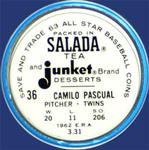 1963 Salada/Junket Coins #36 Camilo Pascual Back