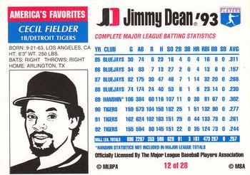 1993 Jimmy Dean #12 Cecil Fielder Back